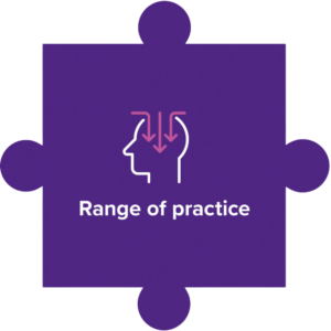 Purple jigsaw piece with the words 'Range of practice'